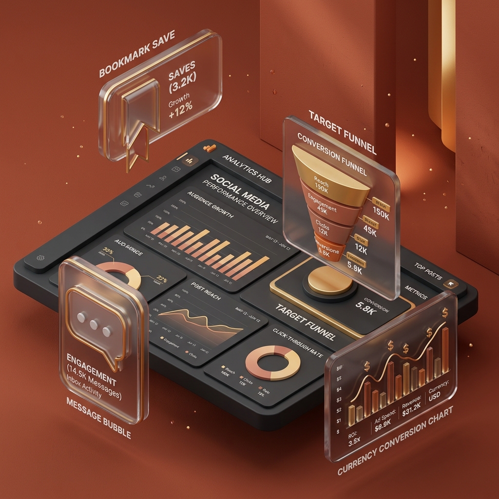 3D Isometric render of actionable social media analytics dashboard showing floating icons for social media vanity metrics, leads, DMs, and revenue conversion.