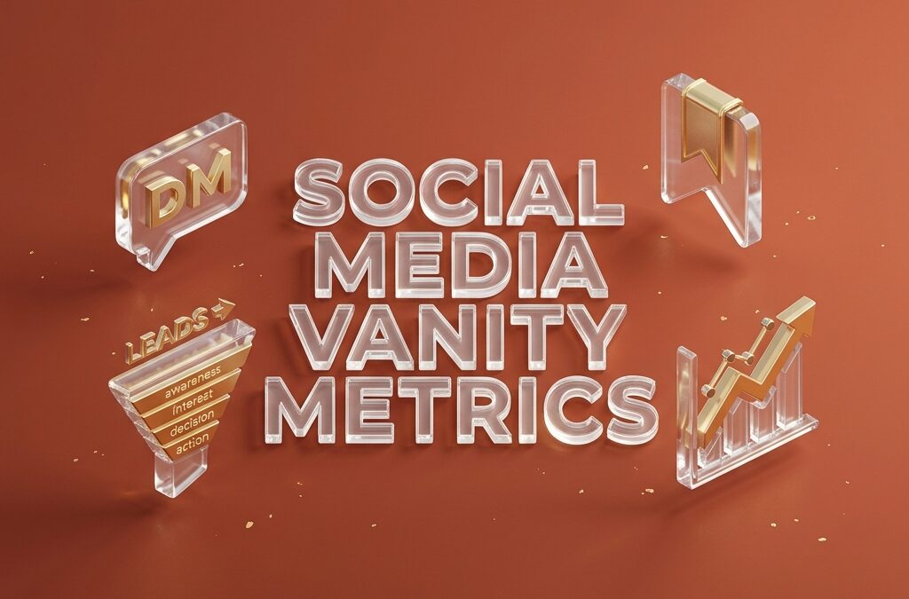 3D Title banner reading Social Media Vanity Metrics with floating analytics icons.
