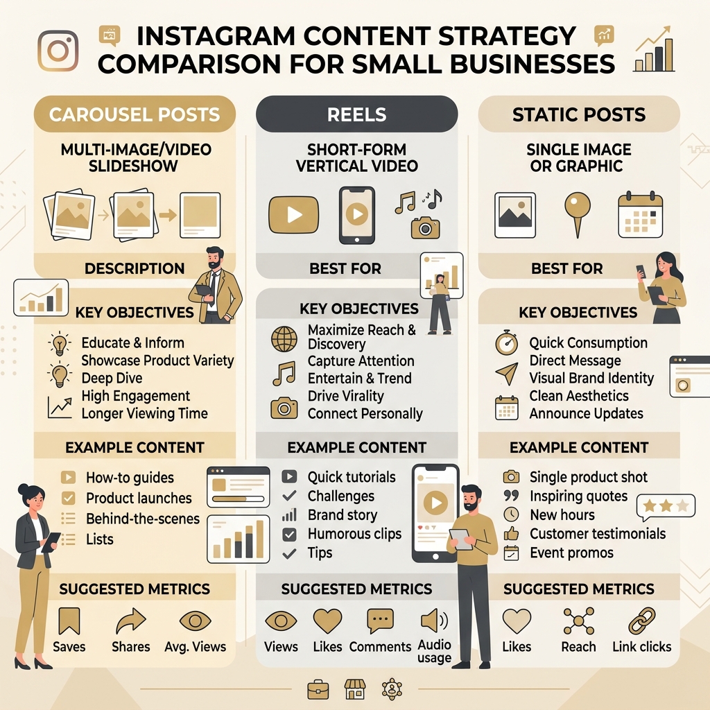 Infographic diagram comparing Instagram carousel vs reel vs static post funnel stages, dwell time metrics, and business outcomes.