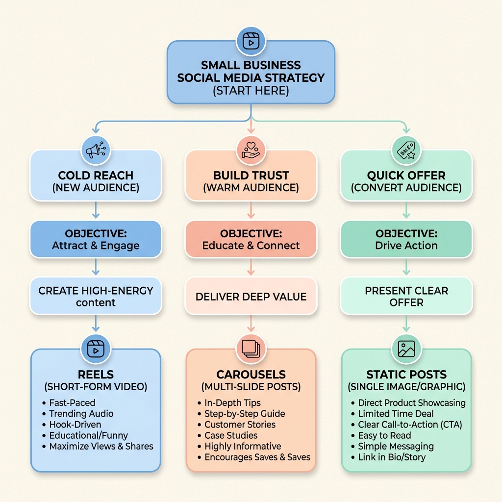 Strategic decision tree flowchart mapping business goals to Instagram carousel vs reel content formats for solopreneurs.