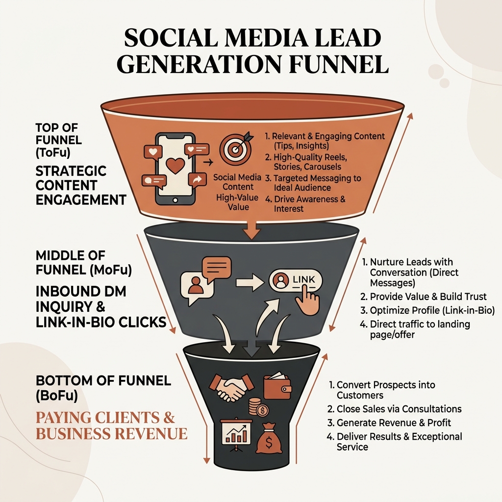 Diagram showing the social media lead generation funnel from content engagement to inbound DM inquiries and paying clients.