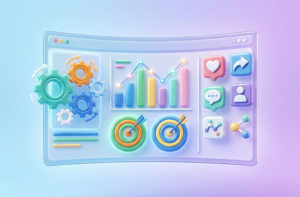 Glossy 3D dashboard mockup featuring marketing metrics, gears, and targets.