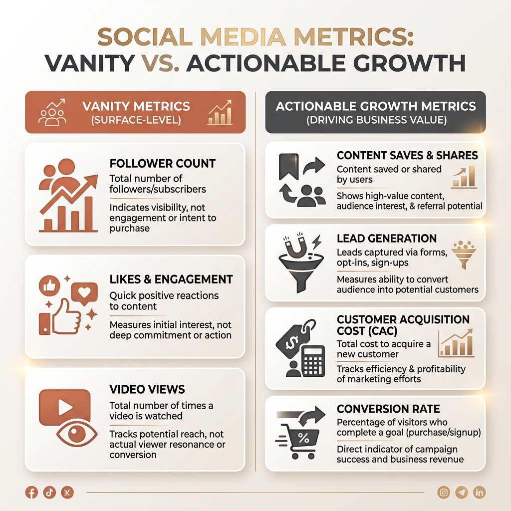 Infographic comparing social media vanity metrics like follower count with actionable business metrics like lead conversion rate.